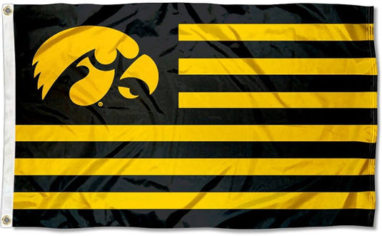 A 3x5 Iowa Hawkeyes NCAA flag with a patriotic design, featuring the gold Hawkeye logo and alternating black and gold stripes.