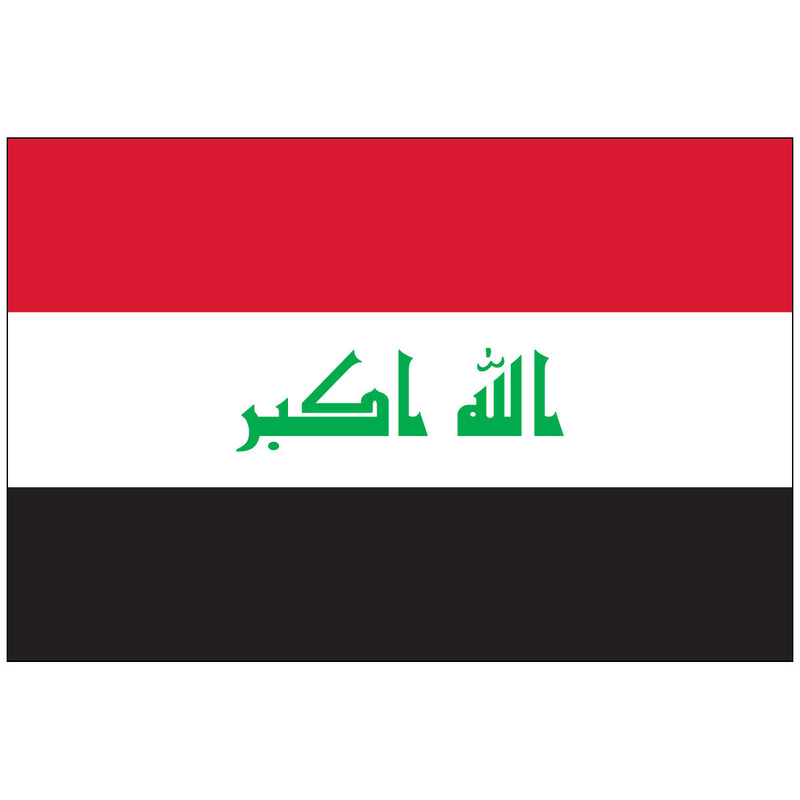 Load image into Gallery viewer, The national flag of Iraq, featuring horizontal stripes of red, white, and black with green Kufic script in the center.

