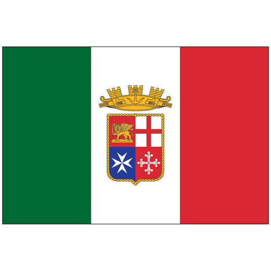 Italian maritime ensign flag with green, white, and red stripes and the crowned coat of arms in the white band.