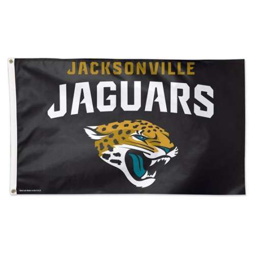 A 3x5 deluxe Jacksonville Jaguars NFL flag featuring the team's name and roaring jaguar head logo on a black field.