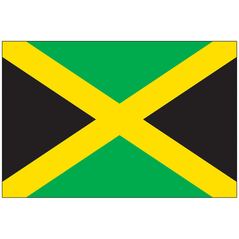 Load image into Gallery viewer, The national flag of Jamaica, featuring a gold diagonal cross (saltire) dividing the flag into green and black triangles.
