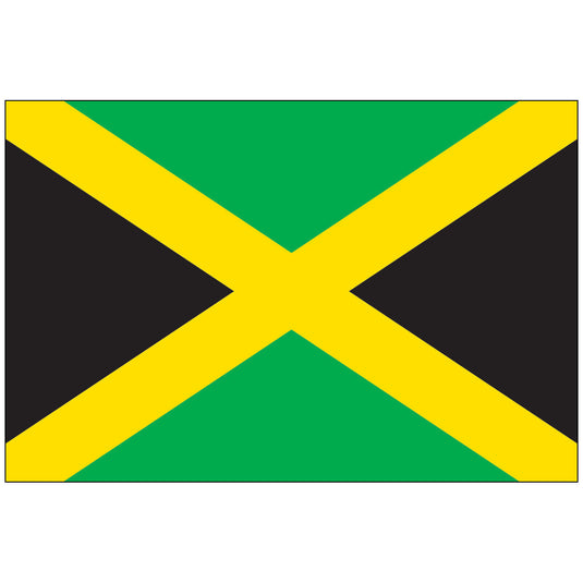 The national flag of Jamaica, featuring a gold diagonal cross (saltire) dividing the flag into green and black triangles.