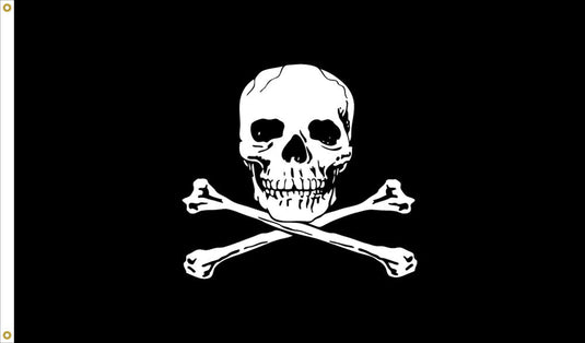 Jolly Roger outdoor flag with a white skull and crossbones design printed on a solid black background.