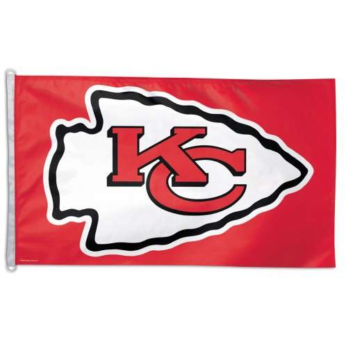 A 3x5 deluxe Kansas City Chiefs NFL flag featuring the iconic red KC arrowhead logo on a bright red background.