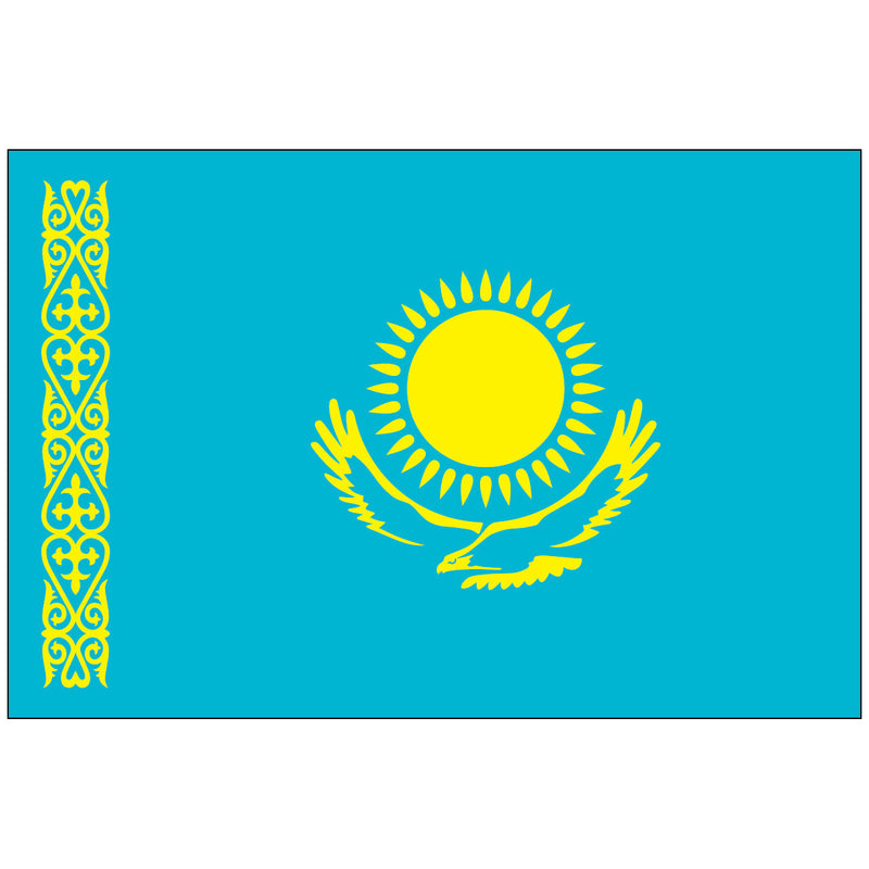 Load image into Gallery viewer, The national flag of Kazakhstan on a sky-blue field, featuring a golden sun and soaring eagle, and a national ornament pattern.
