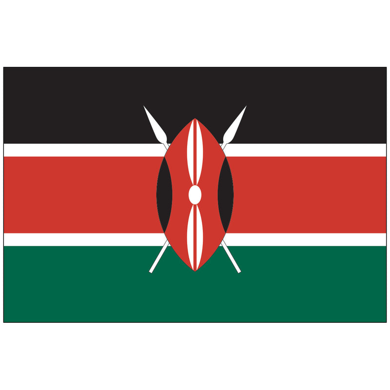 Load image into Gallery viewer, Flag of Kenya with black, red, and green horizontal stripes and a central Maasai shield and spears emblem.
