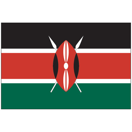 Flag of Kenya with black, red, and green horizontal stripes and a central Maasai shield and spears emblem.