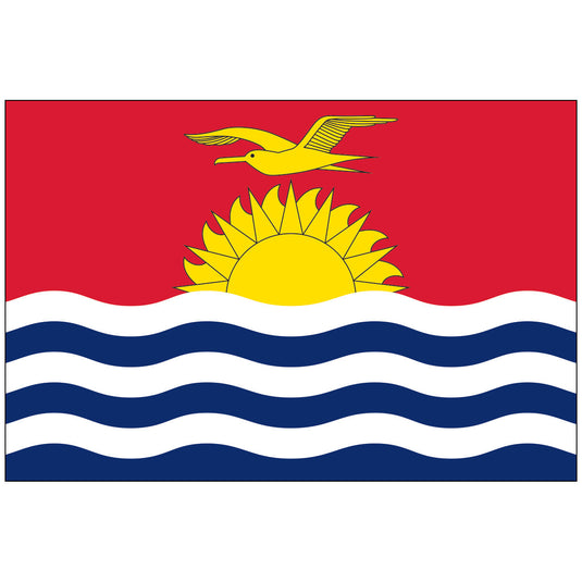 Flag of Kiribati with a red sky, a yellow frigatebird over a rising sun, and blue and white waves representing the ocean.