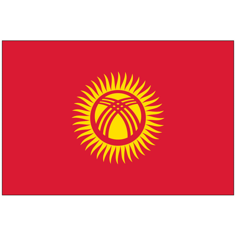 Load image into Gallery viewer, The national flag of Kyrgyzstan, featuring a yellow 40-ray sun with a traditional yurt crown (tunduk) on a solid red field.
