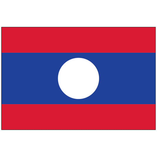 The national flag of Laos, featuring horizontal red and blue stripes with a large white disc in the center.
