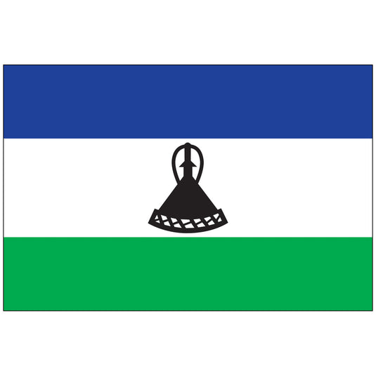 Flag of Lesotho, with blue, white, and green stripes and a black Basotho hat (mokorotlo) in the center.