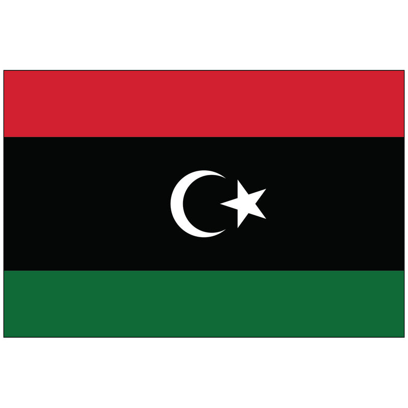 Load image into Gallery viewer, The national flag of Libya, featuring horizontal stripes of red, black, and green, with a white crescent and star in the center.
