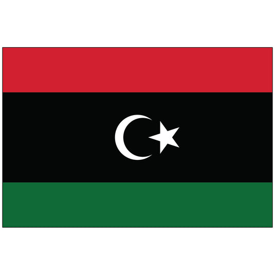 The national flag of Libya, featuring horizontal stripes of red, black, and green, with a white crescent and star in the center.