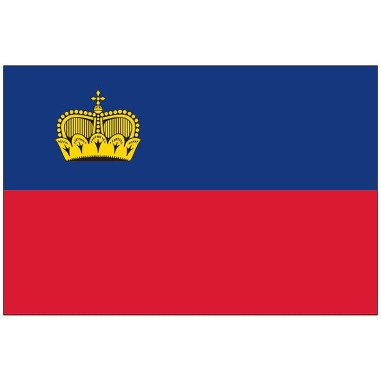 Flag of Liechtenstein, with horizontal blue and red stripes and a gold princely crown in the canton.