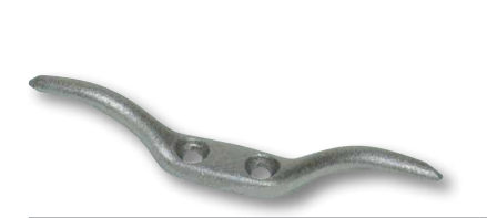 A light-duty cast aluminum flagpole cleat with a silver finish, showing the two mounting holes in the center.