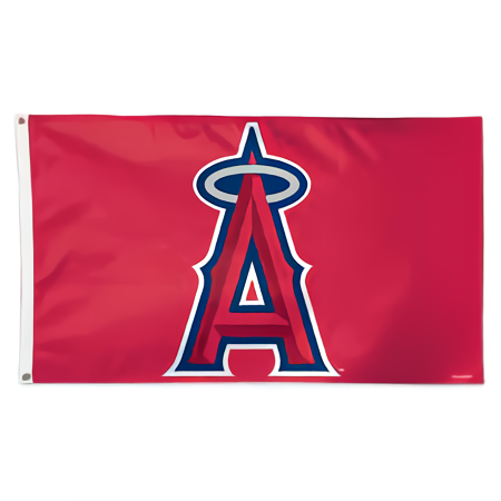 A 3x5 deluxe Los Angeles Angels MLB flag featuring the team's large 'A' with a halo logo on a red background.