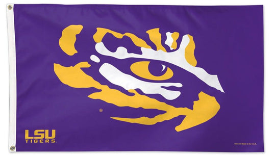 A 3x5 deluxe LSU Tigers NCAA flag featuring the iconic gold and white tiger eye logo on a purple field.