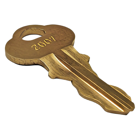 Close-up of the single brass replacement key with the security code stamped on the top for a winch lock set.