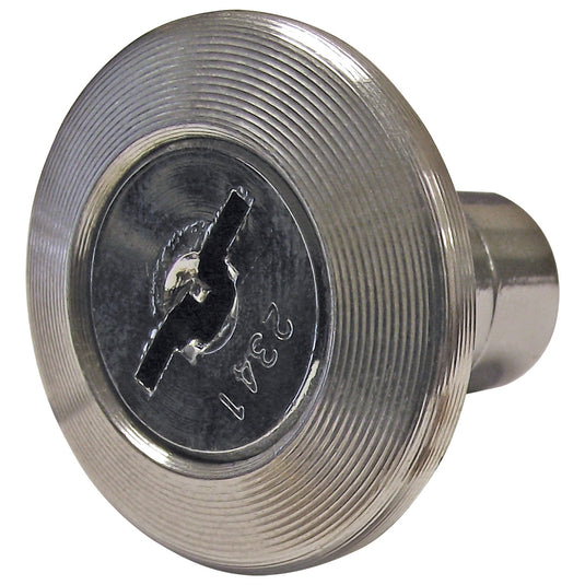Close-up of the chrome-plated lock cylinder for a winch, showing the numbered keyway entry and ridged face.