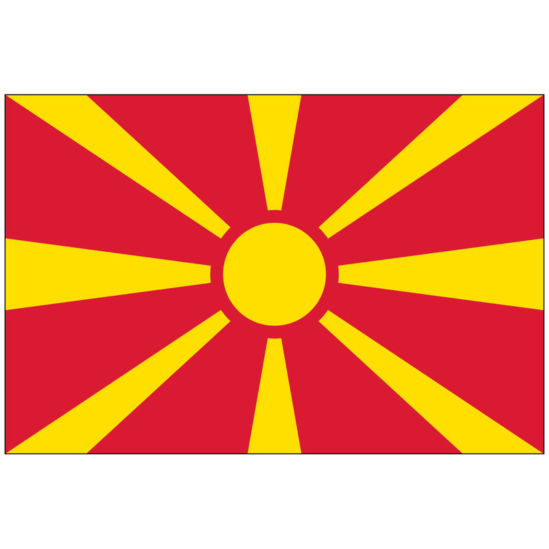 Load image into Gallery viewer, Horizontal Macedonia nylon world flag featuring a bold red field. A central yellow sun design with eight widening rays extends outwards to the edges of the flag, symbolizing the "New Sun of Liberty."
