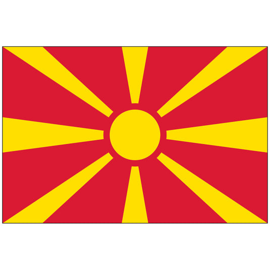 Horizontal Macedonia nylon world flag featuring a bold red field. A central yellow sun design with eight widening rays extends outwards to the edges of the flag, symbolizing the 