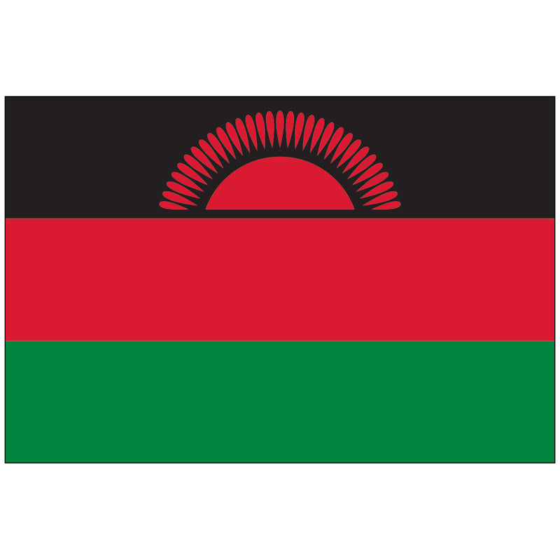 Load image into Gallery viewer, Horizontal Malawi nylon world flag with three equal stripes: black on top, red in the middle, and green on the bottom. The center of the black stripe features a partially risen red sun with 31 rays.
