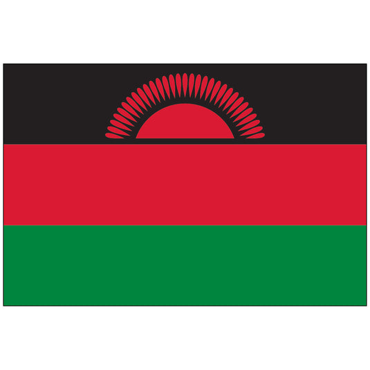 Horizontal Malawi nylon world flag with three equal stripes: black on top, red in the middle, and green on the bottom. The center of the black stripe features a partially risen red sun with 31 rays.