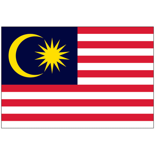 Horizontal Malaysia nylon world flag (Jalur Gemilang) with 14 alternating red and white stripes. The upper hoist canton is a navy blue rectangle featuring a yellow crescent moon and a 14-pointed star.