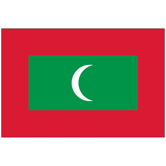 Horizontal Maldives nylon world flag featuring a large red rectangular border surrounding a central green rectangle. The green center holds a large, stylized white crescent moon.