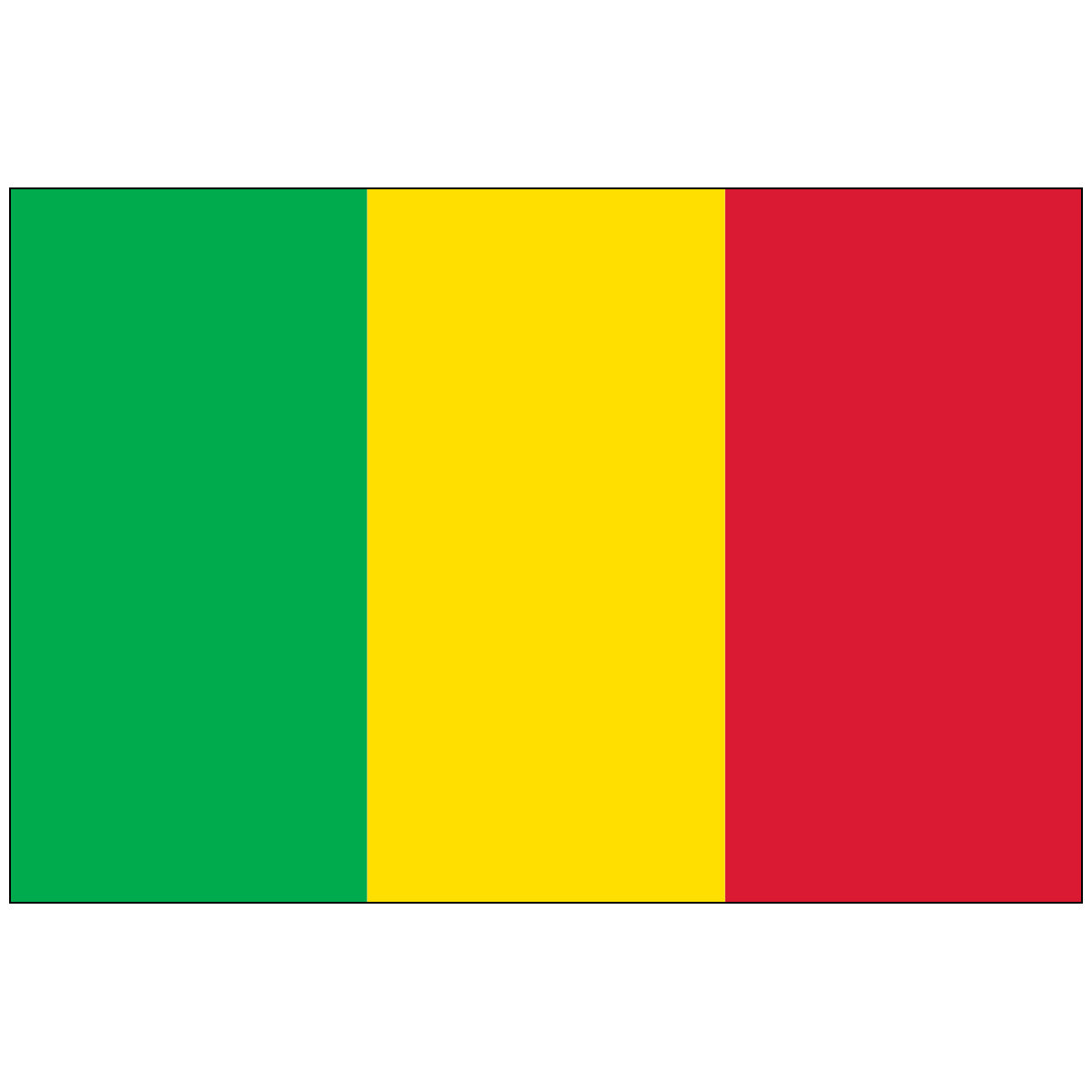 Horizontal Mali nylon world flag with three equal vertical bands. The flag's colors are green (hoist), yellow (center), and red (fly), representing the traditional pan-African colors.
