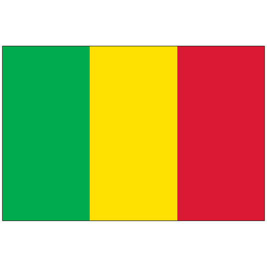 Horizontal Mali nylon world flag with three equal vertical bands. The flag's colors are green (hoist), yellow (center), and red (fly), representing the traditional pan-African colors.