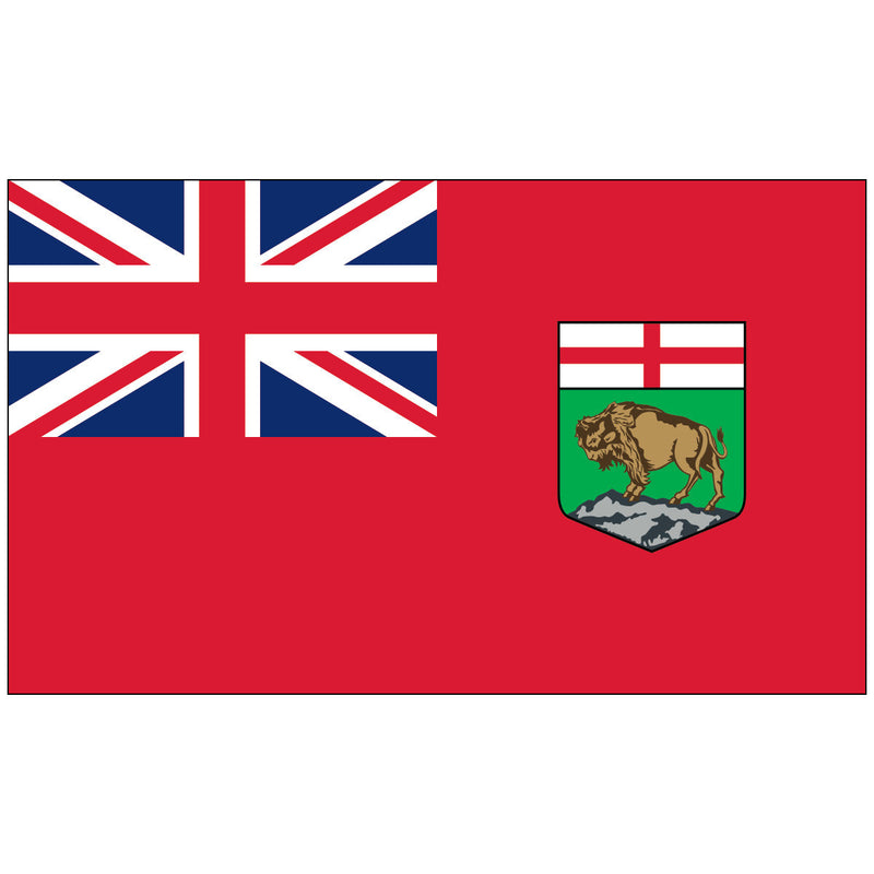 Load image into Gallery viewer, Horizontal Manitoba nylon world flag (Canadian Red Ensign). The flag has a red field with the Union Jack in the canton, and the Manitoba coat of arms (a bison on green) on the fly side.
