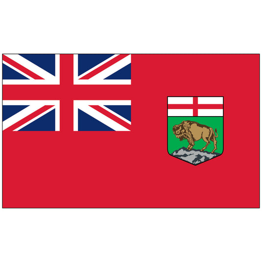 Horizontal Manitoba nylon world flag (Canadian Red Ensign). The flag has a red field with the Union Jack in the canton, and the Manitoba coat of arms (a bison on green) on the fly side.