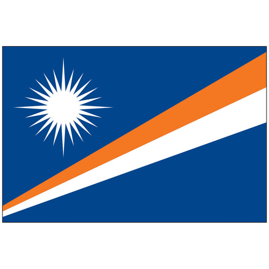 Horizontal Marshall Islands nylon world flag with a deep blue field. A diagonal band of white over orange runs from the lower hoist to the upper fly, and a large white 24-pointed star sits in the upper hoist corner.