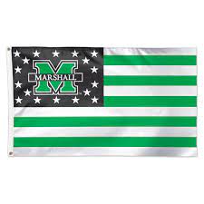 Deluxe Marshall Thundering Herd Stars and Stripes 3x5 NCAA flag. The flag is a patriotic design with green and white horizontal stripes and a black canton featuring the green 'M' logo and white stars.