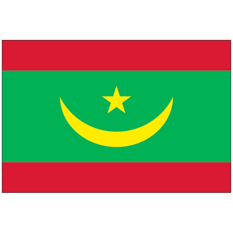 Load image into Gallery viewer, Horizontal Mauritania nylon world flag featuring a wide central green stripe bordered by equal top and bottom red stripes. The green field holds a yellow crescent moon and a five-pointed yellow star.
