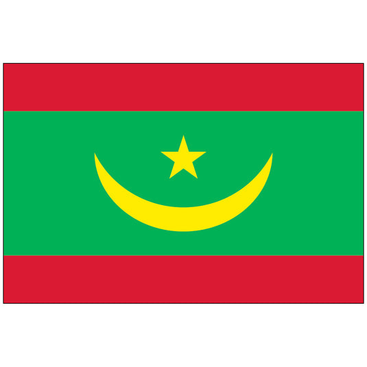 Horizontal Mauritania nylon world flag featuring a wide central green stripe bordered by equal top and bottom red stripes. The green field holds a yellow crescent moon and a five-pointed yellow star.
