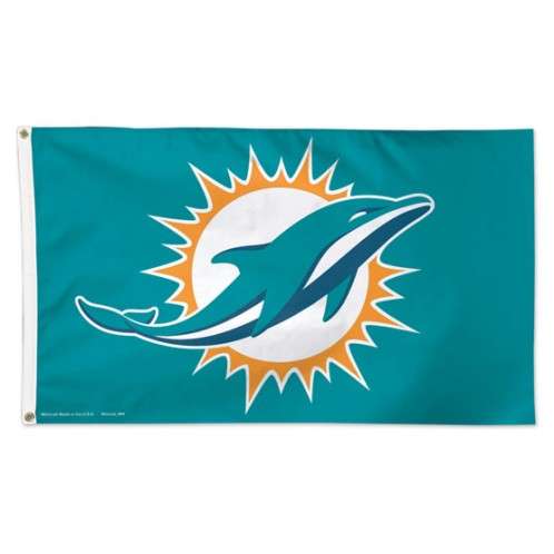 Deluxe Miami Dolphins 3x5 NFL sport flag featuring a bright teal field. The center displays the classic Dolphins logo: a leaping dolphin over an orange and white sunburst.