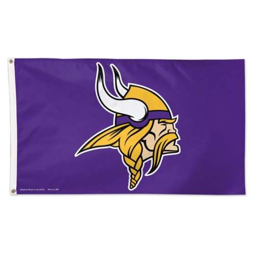 Minnesota Vikings NFL deluxe 3x5 sport flag featuring the iconic side profile logo of a Viking wearing a horned helmet with a long blonde braided beard, centered on a deep purple background.
