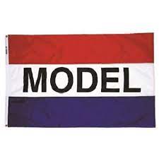 Promotional message flag with three horizontal stripes in red, white, and blue, featuring the bold black block lettering 