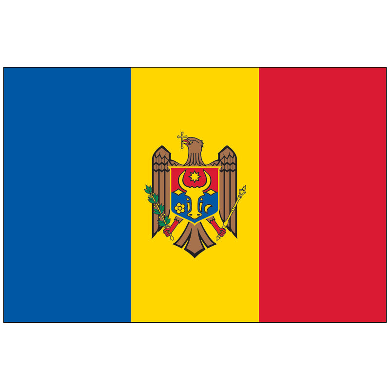 Load image into Gallery viewer, Official Moldova national flag, a nylon vertical tricolor of blue, yellow, and red, centrally charged with the Moldovan coat of arms depicting a golden aquila holding a scepter and an olive branch, with a shield on its chest.
