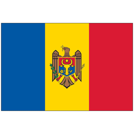 Official Moldova national flag, a nylon vertical tricolor of blue, yellow, and red, centrally charged with the Moldovan coat of arms depicting a golden aquila holding a scepter and an olive branch, with a shield on its chest.