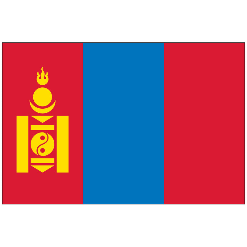 Load image into Gallery viewer, Official Mongolia national flag with a vertical tricolor design: red, blue, and red. The hoist side features the yellow Soyombo symbol, which includes a fire, sun, moon, yin-yang, and rectangular banners.
