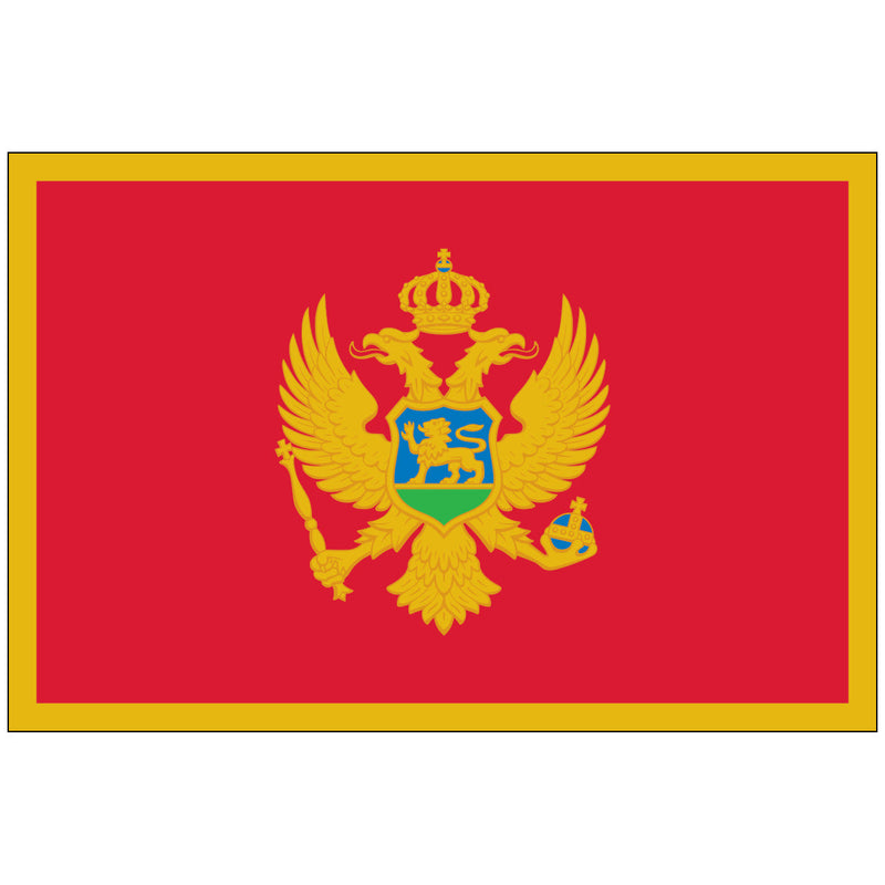 Load image into Gallery viewer, Official Montenegro national flag, a brilliant red field bordered by gold, centrally charged with the nation's coat of arms: a golden double-headed eagle holding a scepter and orb, crowned with the royal crown.
