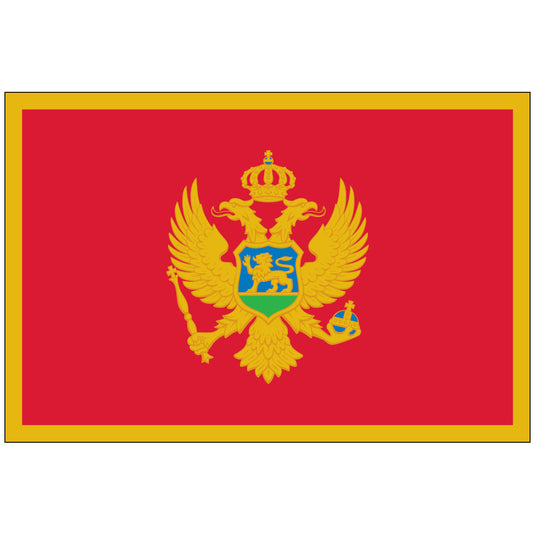 Official Montenegro national flag, a brilliant red field bordered by gold, centrally charged with the nation's coat of arms: a golden double-headed eagle holding a scepter and orb, crowned with the royal crown.