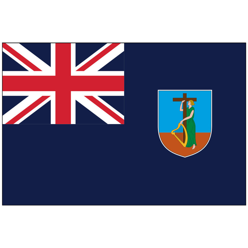 Load image into Gallery viewer, Official Montserrat national flag, a deep blue Ensign featuring the United Kingdom's red, white, and blue Union Jack in the canton, and the badge of Montserrat—a woman holding a harp and cross—on the fly side.

