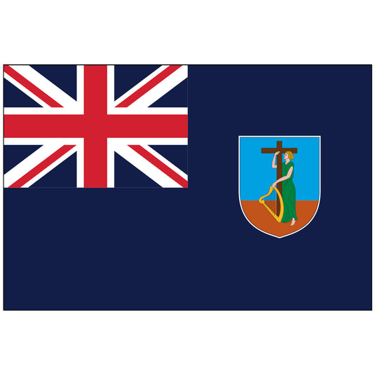 Official Montserrat national flag, a deep blue Ensign featuring the United Kingdom's red, white, and blue Union Jack in the canton, and the badge of Montserrat—a woman holding a harp and cross—on the fly side.
