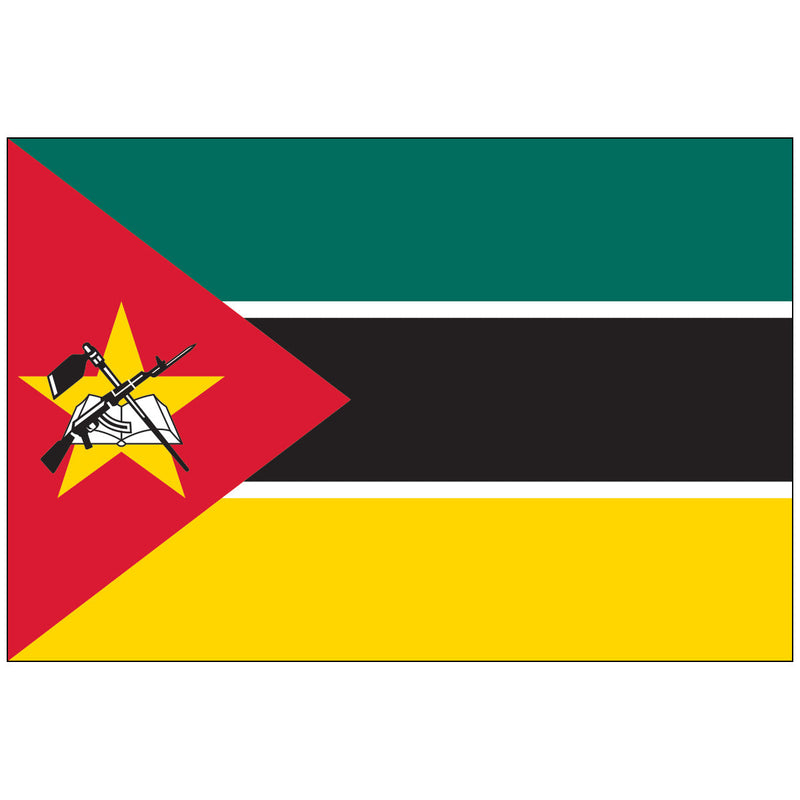 Load image into Gallery viewer, Mozambique national flag with horizontal stripes of green, white, black, and yellow, featuring a red triangle at the hoist with a yellow star and an emblem of a hoe, book, and crossed AK-47 assault rifle.

