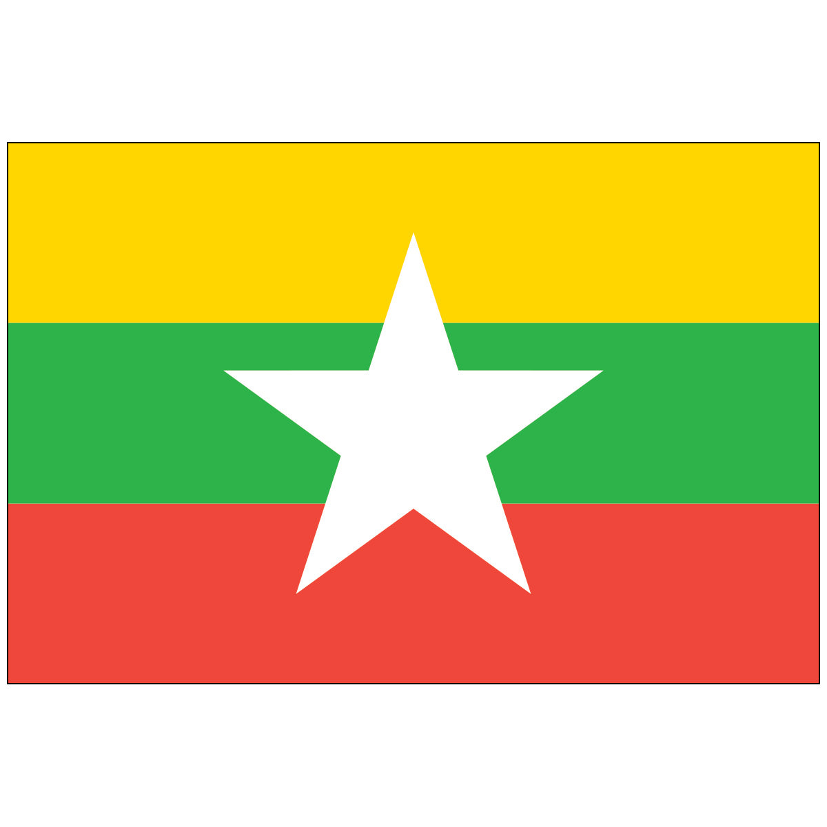 Official Myanmar national flag, featuring horizontal stripes of yellow, green, and red, with a large white five-pointed star centered on the design.