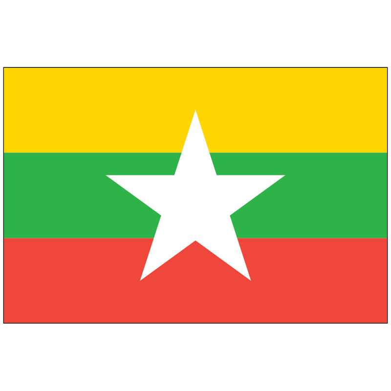Load image into Gallery viewer, Official Myanmar national flag, featuring horizontal stripes of yellow, green, and red, with a large white five-pointed star centered on the design.
